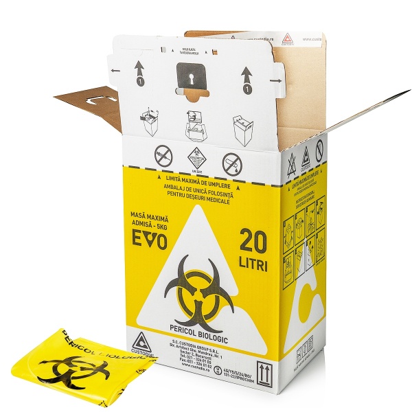 Cutii carton pentru deseuri infectioase 20 l, cu sac galben