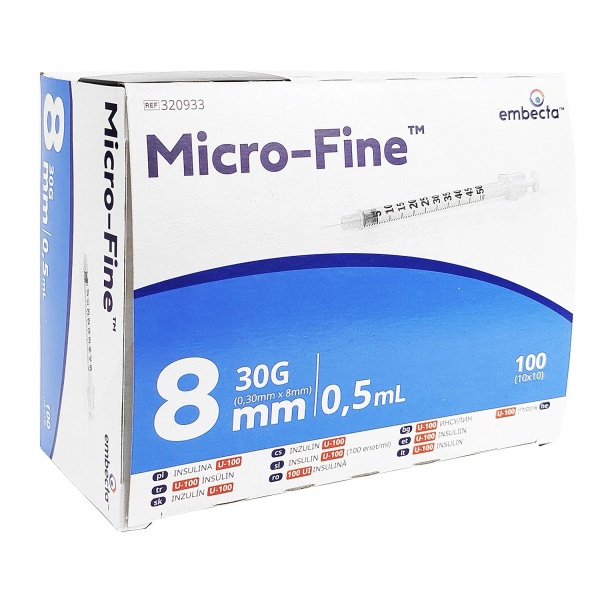 Seringi insulină Embecta Micro-Fine Plus 0,5 ml U100, ac 0,30 x 8 mm – 100 buc