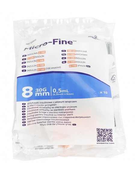 Seringi insulină Embecta Micro-Fine Plus 0,5 ml U100, ac 0,30 x 8 mm – 100 buc
