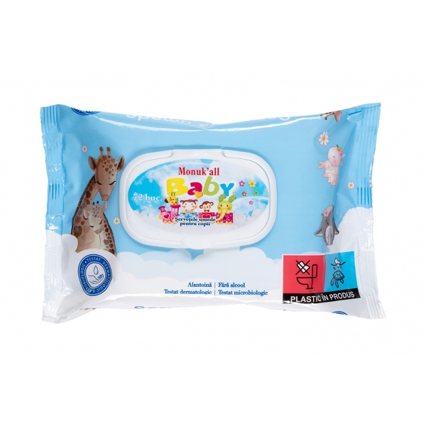Monukall - Servetele umede cu capac pentru copii, blue - 72 buc