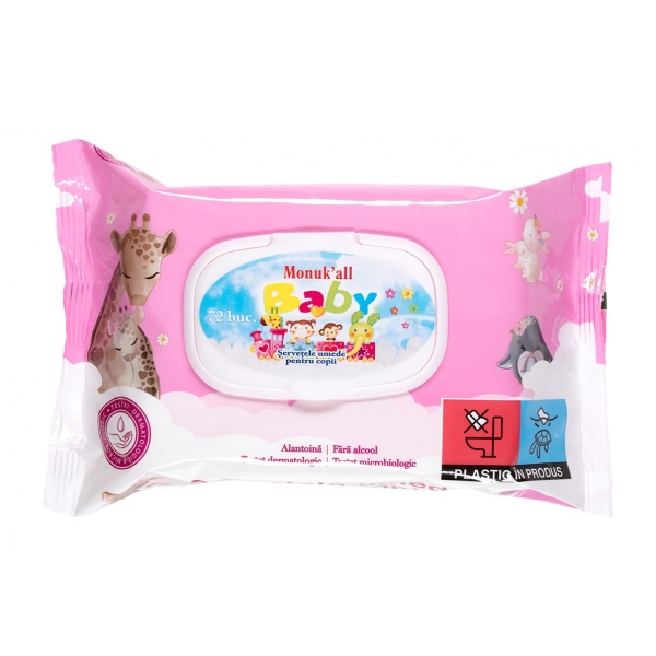 Monukall - Servetele umede cu capac pentru copii, pink - 72 buc